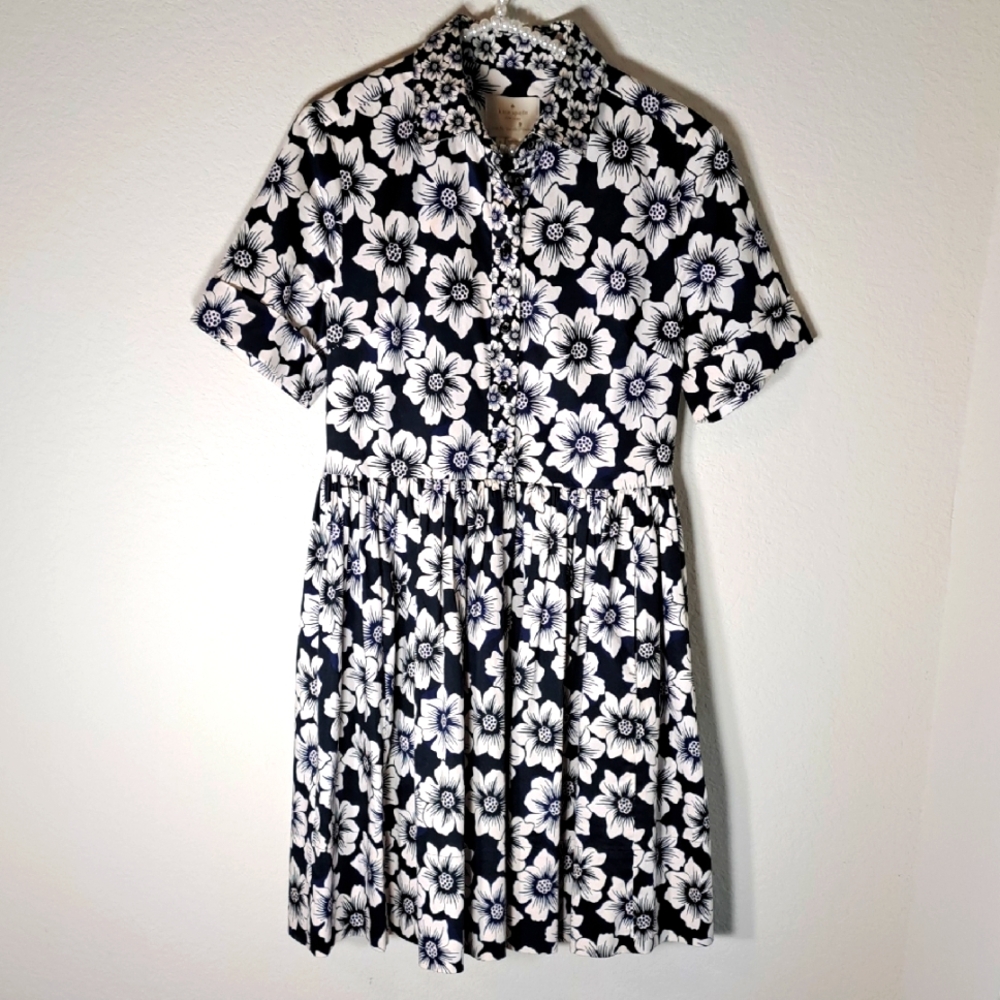 Kate Spade New York Dress Size 6 Hollyhock Black White Navy Floral Mini Dress